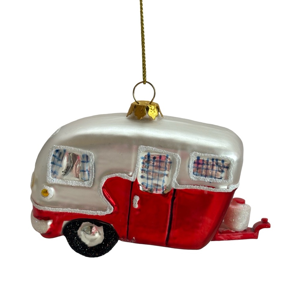 Festive Red and White Vintage Travel Trailer Camper‎ Glass Ornament